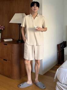 DAZY Summer Short Sleeve Polo Shirt Paired With Shorts Apricot Color Men Pajama Set - Apricot - View 5