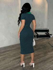 SHEIN SXY Đầm polo tay ngắn kẻ sọc đen trắng phong cách tối giản thường ngày dành cho nữ, đầm dệt kim co giãn ôm sát dài đến đầu gối, đầm thanh lịch kiểu Pháp. - màu xanh lá - Xem 4