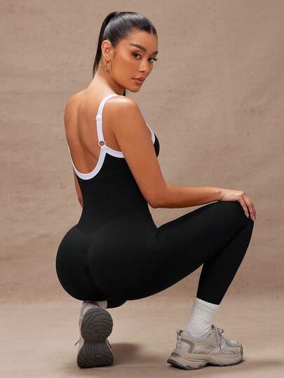 Lumalex Women's Seamless Adjustable Waist Strap Jumpsuit For Daily Fitness, Workout Gym Women Outfit  Spring Summer Contrast Trim Backless Halter Jumpsuit Comfortable Fabric And Stylish Design Jumpsuit For Women Bodycon Airport Outfit Gym Women Outfit Sexy Sports Jumpsuit Gym Women Outfit