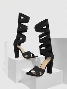 CUCCOO SZL Black Suede Chunky High Heel Sandals, Criss-Cross Strap Design With Side Zipper, Chic & Stylish For Commute And Date Valentine's Day - Black - View 3