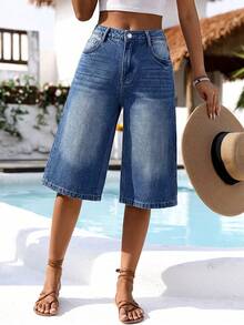 Breezaya 女士直筒七分裤休闲牛仔裤，带腰带环，时尚夏季款 - 淺色水洗藍 - 查看 5