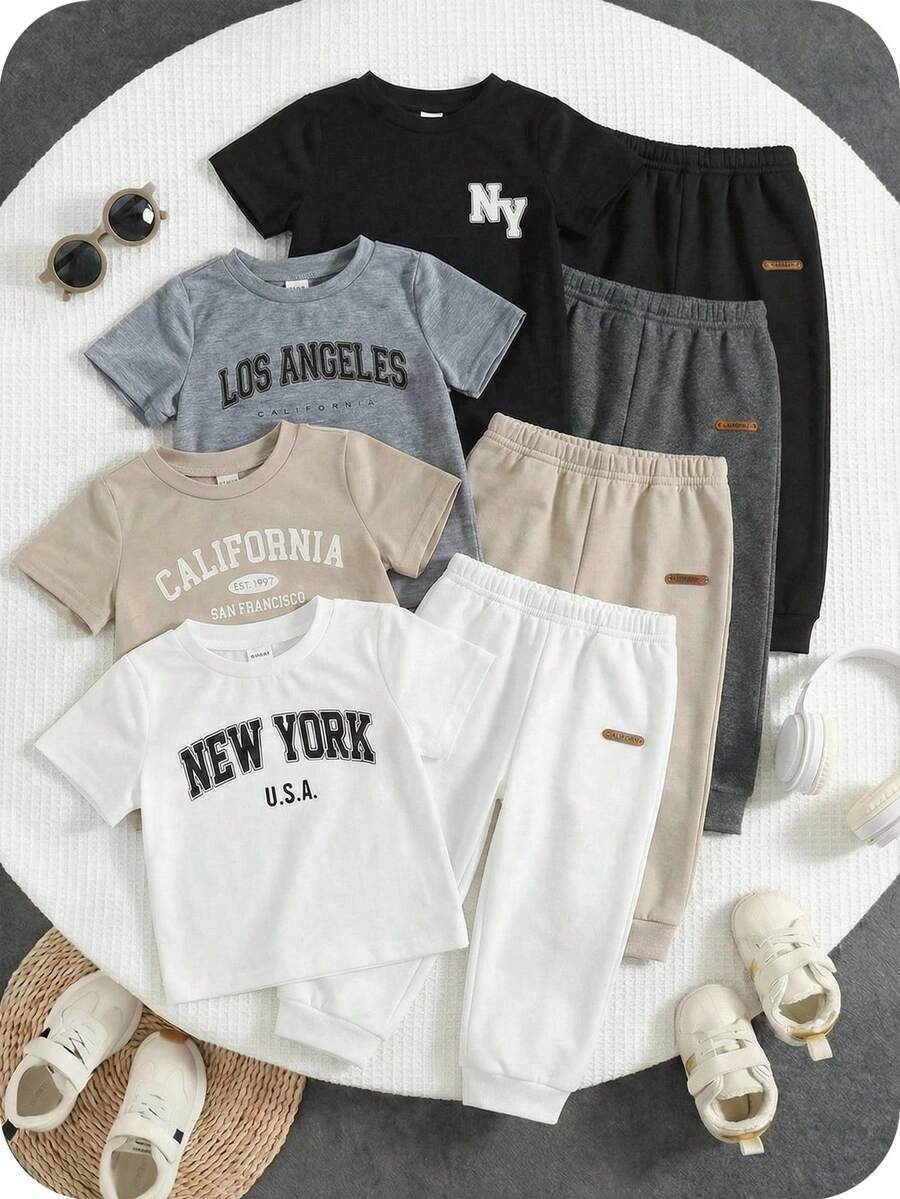 4件装男女宝宝休闲日常运动宽松字母印花圆领短袖T恤,适合外出、居家、春秋、夏季等所有季节穿着。 - 彩色 - 查看 1