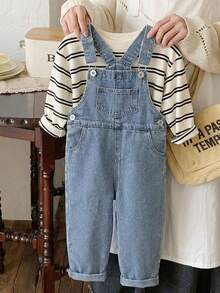 SHEIN Explorewe Boys'Light Blue Denim Overalls,Summer 80s Career Day Back-To-School Korean Style Straight Loose Wide Leg Jumpsuit,Soft Comfortable Casual Outing Pants - Medium Wash - View 1