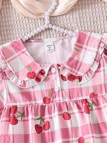 女童格子印花荷叶袖樱桃刺绣短袖上衣和裤子两件套休闲家居服 - 粉色 - 查看 5