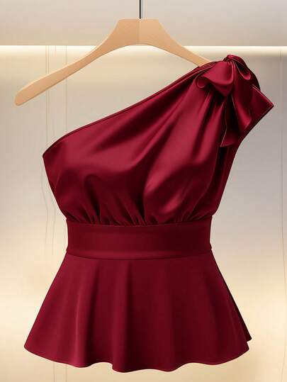 GlowEve CURVE Plus Size Women Solid Color Knotted Shoulder Ruffle Hem Fashionable One Shoulder Sleeveless Top