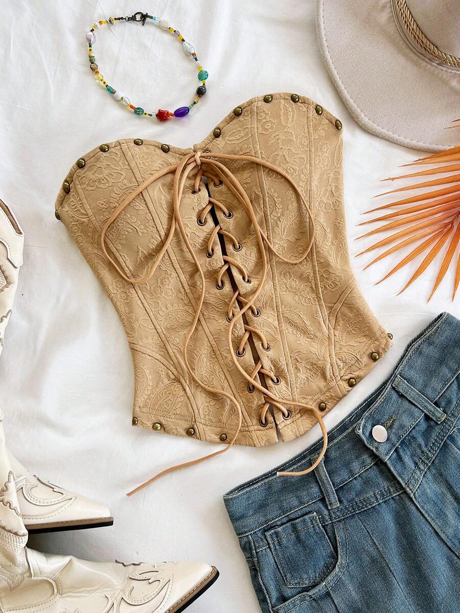 Soleia Áo croptop da lộn gợi cảm, kiểu dáng buộc dây, đính đinh tán, thích hợp cho kỳ nghỉ, hẹn hò, tiệc trà chiều, du lịch, lễ hội âm nhạc, phong cách boho, du thuyền, bãi biển, mùa hè. - Màu Khaki - Xem 1