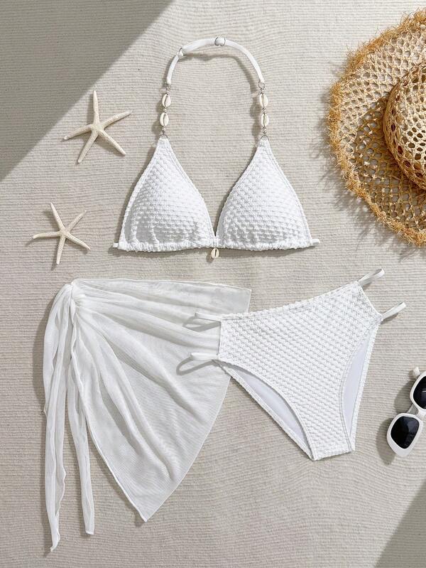 SHEIN Conjunto de 3 piezas de traje de baño de la serie negra para adolescentes, para vacaciones en la playa, primavera/verano