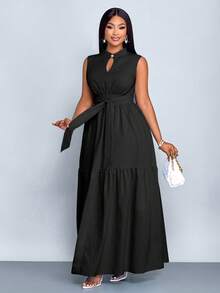 SOLERSUN 加大码蓝色立领前开襟无袖束腰系带连衣裙女式优雅休闲时尚通勤外出连衣裙夏季新款女装 - 黑色 - 查看 5