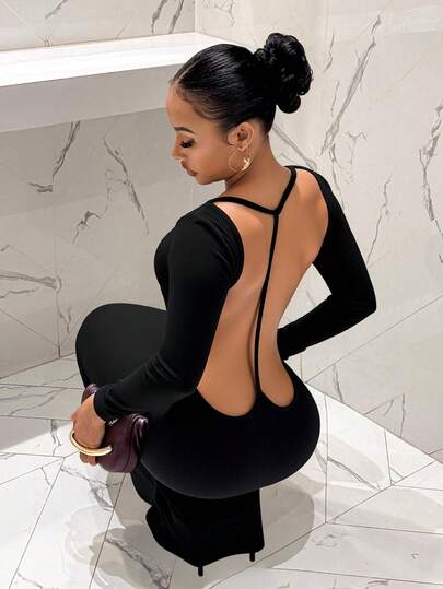 Slaydiva 2025 New Elegant Sexy Backless Long Sleeve Dress, Suitable For Party, Birthday, Bar, Nightclub, Valentine's Day, Halloween, Christmas Occasions