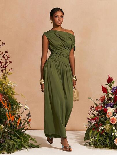 Zivah 2026 Spring New Arrival, Easter, Western, Nomadic, Daily, Casual Commuter Green Color Asymmetrical Off-Shoulder Ruched Decoration Patchwork Waist Elastic Knit Jumpsuit For Women, Suitable For Daily Commute, Vacations, Travel, Parties, Gatherings, Wedding Guest Attire, Cruises, Evenings, Beach Sunbathing, Nighttime Outings, Brunch, Shopping, Valentine's Day, Formal Occasions, Dinner Parties, Music Festival, Birthday Party, Casual, Everyday Wear, Festival, Holiday Outing.