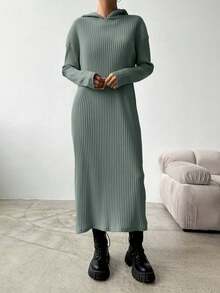 EURMUSE Damen Einfarbiges Kleid mit Kapuze und Drop Shoulder aus Strick - Minzgrün - Übersicht 3