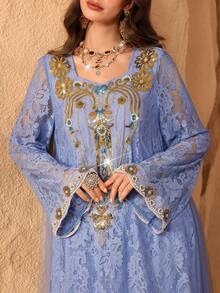 Al Najma Women's Square Neck Sequin Embroidered Blue Lace Long Sleeve Mesh Loose Fit Dress - Blue - View 2