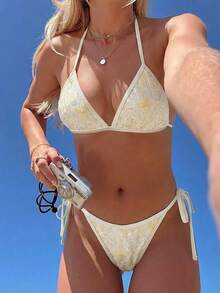 Swim Mod Casual Women's White Halter Bikini Set With Plants Pattern And Tie Side Bottom - White - View 8