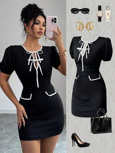 Elenzga Women's Contrast Trim Round Neck Tie Waist Puff Sleeve Fashionable Summer Mini Dress