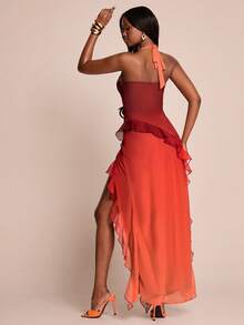 SHEIN BAE 渐变色V领高开衩荷叶边修身连衣裙，渐变色度假长裙，沙滩裙，夏季连衣裙 - 橘色 - 查看 2