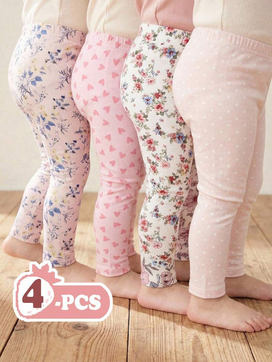 SHEIN Vintaside Kids Bộ 4 quần legging cho bé gái, kiểu dáng thường ngày, kẻ sọc, màu hồng trơn và màu mơ, thoải mái, mềm mại, thân thiện với da, giá cả phải chăng, phù hợp cho bé chơi trong nhà hoặc ngoài trời vào mùa xuân/hè. - Nhiều màu - Xem 1
