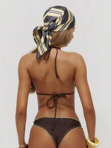 Musera Resort 撞色荷叶边蝴蝶结比基尼上衣和下装套装泳衣夏季游泳海滩度假日常性感可爱旅行Bambola复活节 - 巧克力棕 - 查看 4