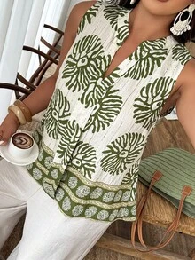 Weeklong Áo thun nữ cỡ lớn không tay cổ tròn in họa tiết ngẫu nhiên, thích hợp cho kỳ nghỉ và mặc hàng ngày, mùa xuân/hè. - Nhiều màu - Xem 1