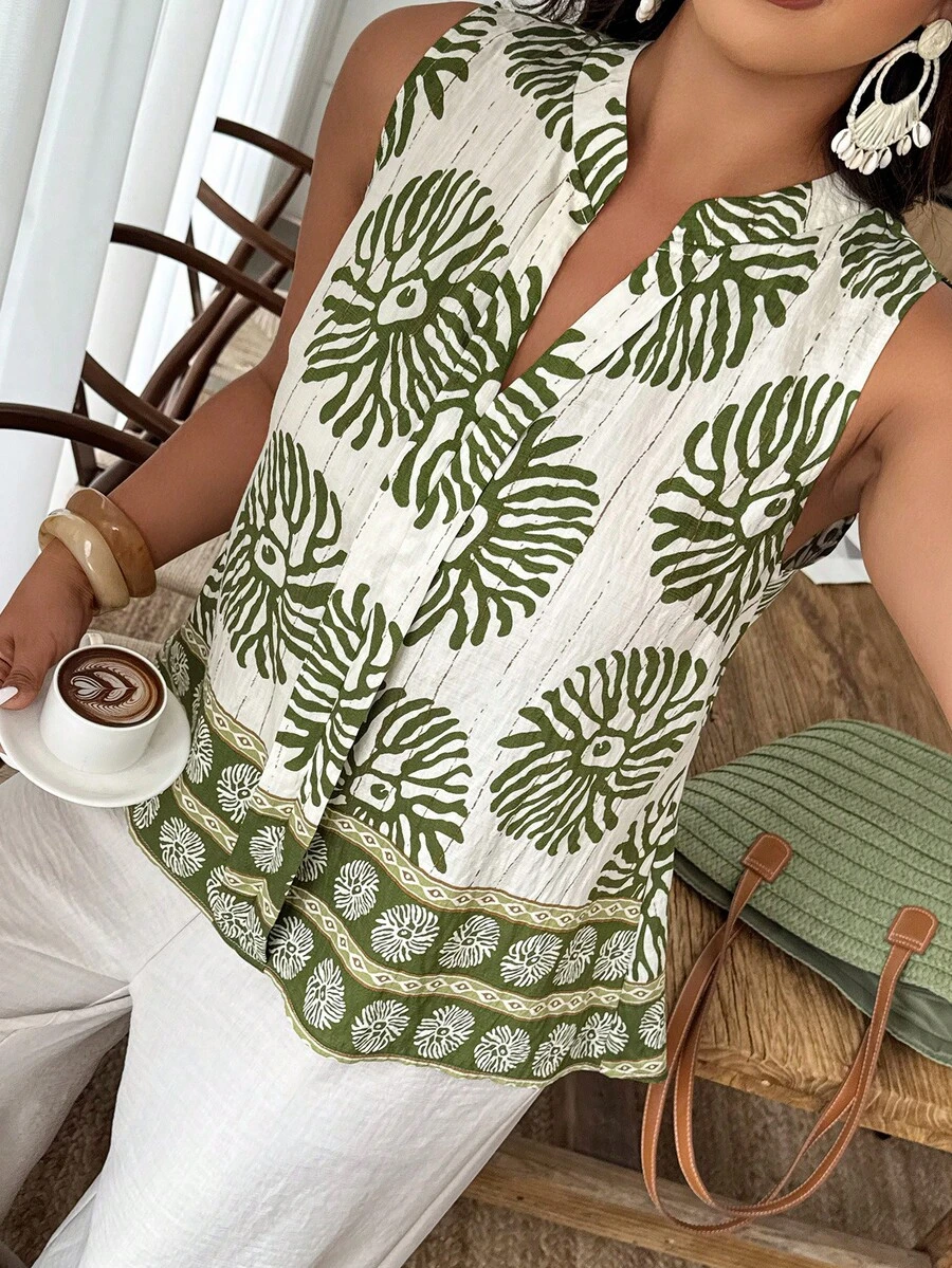 Weeklong Áo thun nữ cỡ lớn không tay cổ tròn in họa tiết ngẫu nhiên, thích hợp cho kỳ nghỉ và mặc hàng ngày, mùa xuân/hè. - Nhiều màu - Xem 1