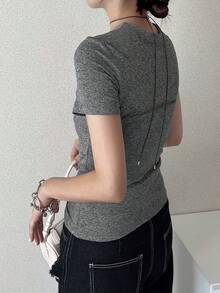 FRIFUL 女士圆领紧身二合一装饰胸前抹胸多层拼接纯色短袖T恤 - 灰色 - 查看 7