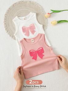Cozy Pixies 2pcs/Set Baby Girl Bow Pattern Knit Soft Baby Bow Tank Tops Sets Spring Clothes - Multicolor - View 4