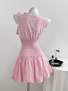 Elamini Women's Pink Plaid Bow Tie Waist Ruffle Hem Dress, Suitable For Dates, Picnics, Vacations, Versatile - Pink - View 2