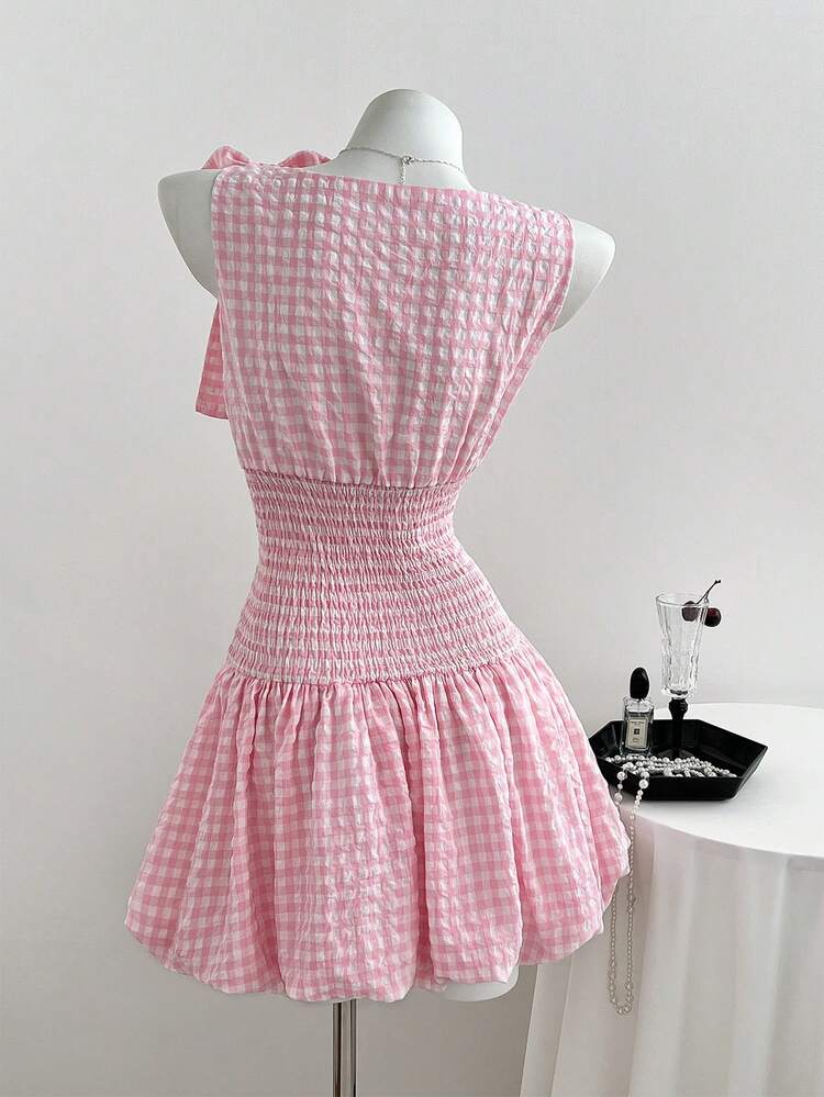 Casual Pink Plaid Mini Dress For Women Round Neck Ruffled Shirred  Sleeveless Summer Party Dress | SHEIN USA
