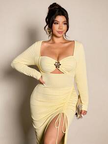 Cravure Plus Size Women Asymmetrical Hem Textured Long Sleeve Dress - Light Yellow - View 4