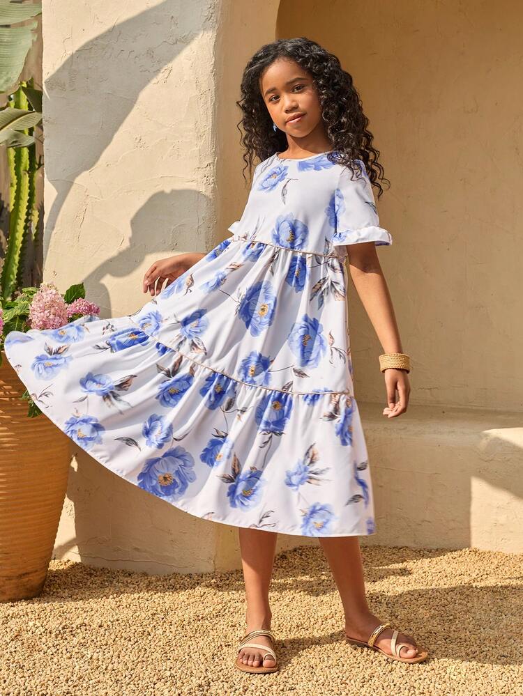 少女休闲碎花拼接圆领中袖连衣裙，碎花印花，适合春季外出穿着 - 彩色 - 查看 3