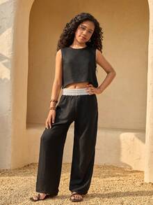 Tween Girls' Casual Vacation Style Relaxed Linen-Like Fabric Sleeveless Top & Wide Leg Pants Set, Black & White Contrast Waist Design, Suitable For Beach Travel And Everyday Wear - Black and White - View 3