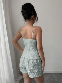 Elenzga 女士提花吊带背心和短裤两件套 - 綠色 - 查看 2