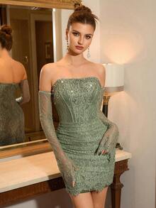 Poshira 奢华珠饰闪亮高端正式礼服，优雅精致情人节礼服，亮片连衣裙，碎花连衣裙，嘉年华奢华绿色鸡尾酒礼服，女士绿色性感连衣裙，生日晚宴礼服，性感绿色闪亮连衣裙，绿色亮片连衣裙，女士迷你连衣裙，蕾丝迷你连衣裙，无肩带绿色连衣裙，优雅迷你连衣裙 - 綠色 - 查看 9