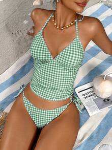 Swim Mod Sweet Cherry Plaid Bikini Set - Lime Green - View 1