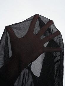 Elenzga 新款春夏不对称肩部亮面网纱拼接开衩修身性感女装 - 黑色 - 查看 3