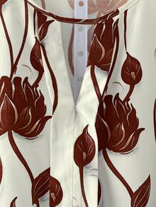 EMERY ROSE 大码女式休闲印花圆领长袖衬衫，蓝白印花，秋季服装，乡村音乐节衬衫，女士秋季衬衫，户外服装，2025新款 - 巧克力棕 - 查看 4