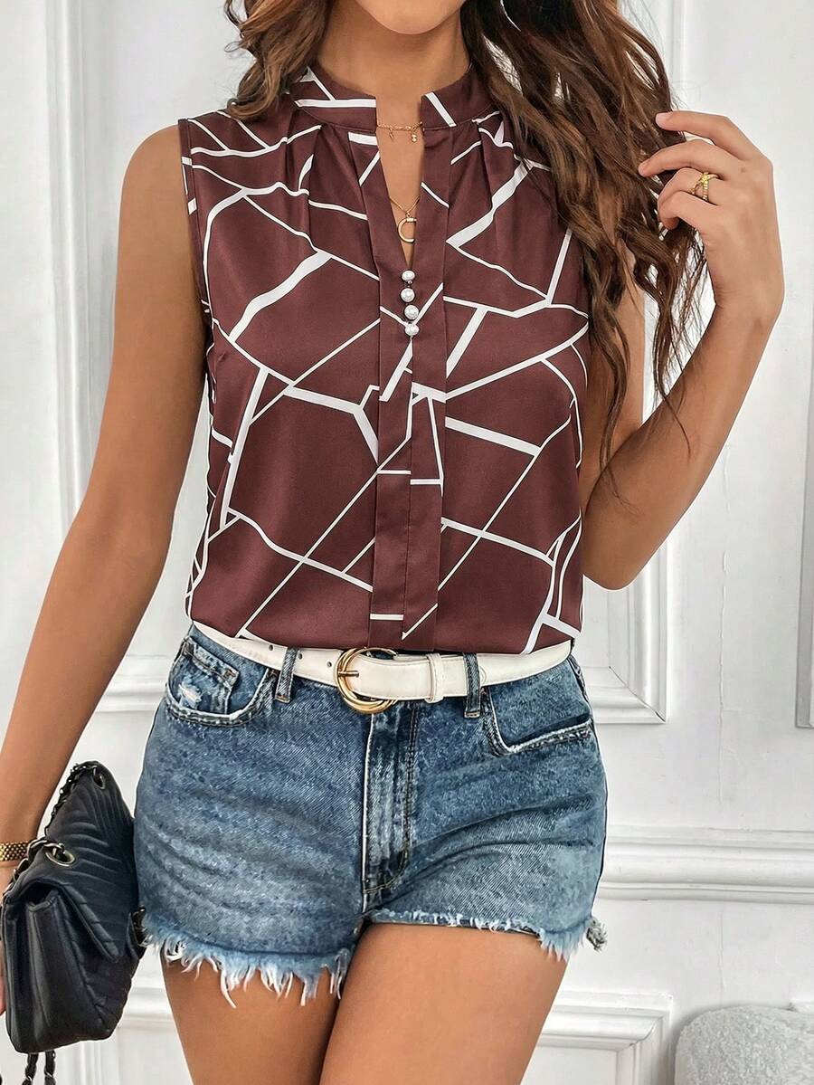 SHEIN Essnce Women's Geometric Print V-Neck Sleeveless Casual Shirt - Brown - View 1