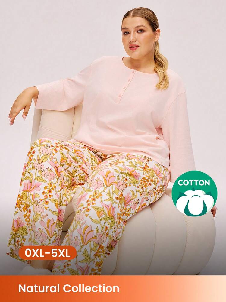 Conjunto de pijama de 2 piezas de algodón suave para mujer de talla grande con pantalón estampado floral y camisa de manga larga básica, con bolsillos, lencería, pijama de algodón