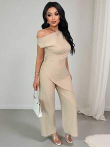 Vavine Women's Solid Color Asymmetric Hem Top And Wide Leg Pants Casual 2 Pieces Set, Spring/Summer - Khaki - View 4