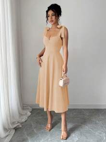 Vestido de mujer elegante y romántico con tirantes finos sin mangas, cintura ceñida con lazo y falda evasé, para Halloween, festival de música, fiesta y uso casual en otoño - Albaricoque - Ver 5