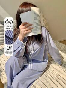 Dazy Plus Striped Color Block Loose Open Front Top And Long Pants Pajama Set, Spring/Autumn - Blue - View 2