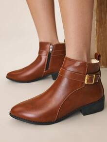 Styleloop Women's Buckle Design Casual Everyday Versatile Chunky Heel Ankle Boots - Burgundy - View 4