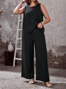 EMERY ROSE 大码女式休闲度假黑色上衣和裤子两件套，舒适带口袋，夏季 - 黑色 - 查看 2