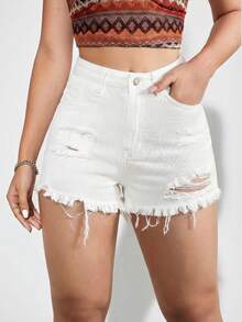 SHEIN Tall Women's Casual Solid Color Distressed Frayed Hem Fitted Denim Shorts, Summer - White - View 1