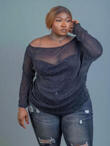 CurvyTilda 大码女式透明网眼宽松休闲衬衫 - 黑色 - 查看 4