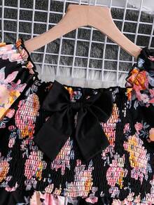 Sparklyn Girls' Allover Print Romper With Square Neck And Puff Sleeves, Summer Vacation Style - Black - View 3