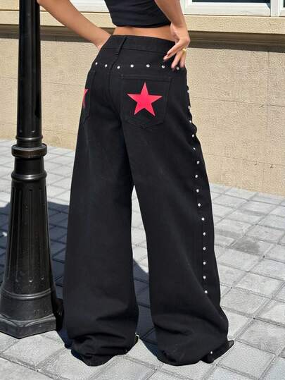 Muchica Jeans de ajuste holgado con estampado de estrellas, decoración de remaches y lavado negro para mujer