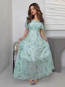 Jemour 女士雪纺蝴蝶蝙蝠袖褶饰可爱法式夏装 - 綠松石色 - 查看 1