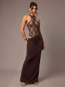 Silquee Solid Color Deep V-Neck Ruffle Long Sleeve Dress, Autumn/Winter - Coffee Brown - View 3