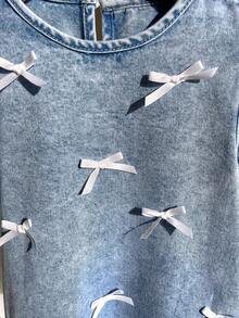 Young Girl' White Ribbon Bow Accent Blue Denim Ruffle Trim Puff Sleeve Dress - Light Wash - View 6