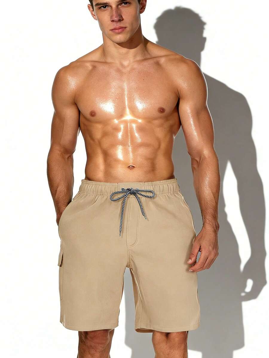 Manfinity KASUA Men's Drawstring Waist Cargo Pocket Casual Beach Shorts - Khaki - View 1